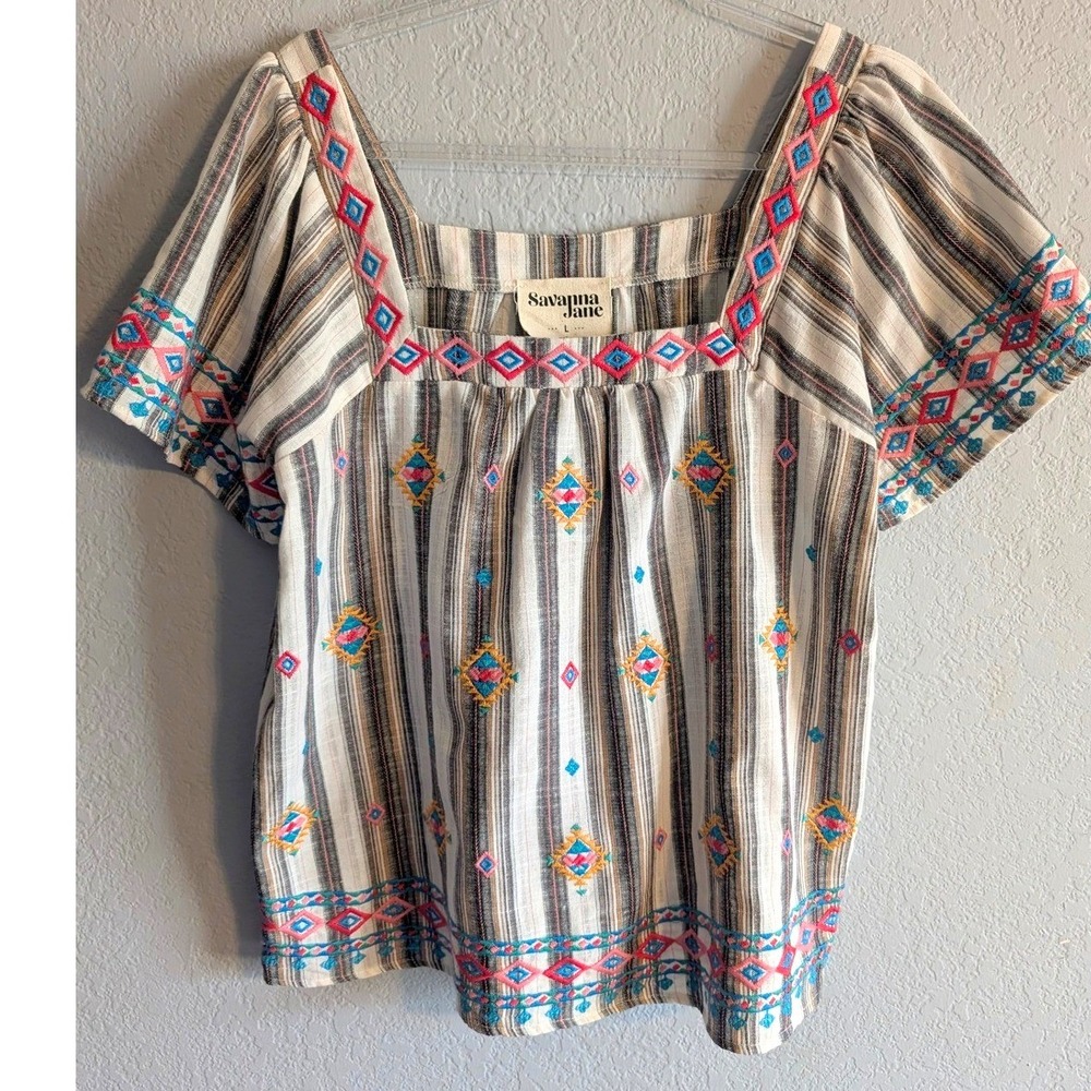 Savanna Jane Southwestern Embroidered Square Neck Striped Blouse Large NWT
